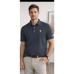 FULL TURN Men’s Navy White Striped Bamboo Blend Golf Shirt Size L Performance